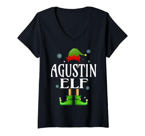 Damen Agustin Elf Xmas Lustig Herren Familie Passende Weihnachten T-Shirt mit V-Ausschnitt von Family Holiday Matching Christmas Elf Gifts.
