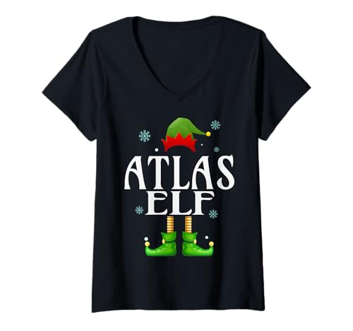 Damen Atlas Elf Xmas Lustiges Familienpassendes Weihnachts-Atlas für Herren T-Shirt mit V-Ausschnitt von Family Holiday Matching Christmas Elf Gifts.