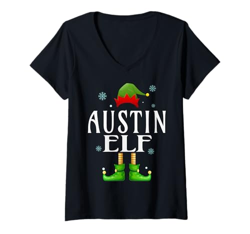 Damen Austin Elf Xmas Lustig Herren Familie Passende Weihnachten Austin T-Shirt mit V-Ausschnitt von Family Holiday Matching Christmas Elf Gifts.