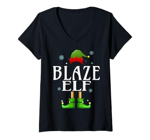 Damen Blaze Elf Xmas Lustige Herren Familie Passende Weihnachten Blaze T-Shirt mit V-Ausschnitt von Family Holiday Matching Christmas Elf Gifts.