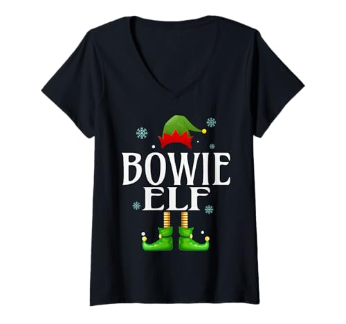 Damen Bowie Elf Xmas Lustige Herren Familie Passende Weihnachten Bowie T-Shirt mit V-Ausschnitt von Family Holiday Matching Christmas Elf Gifts.