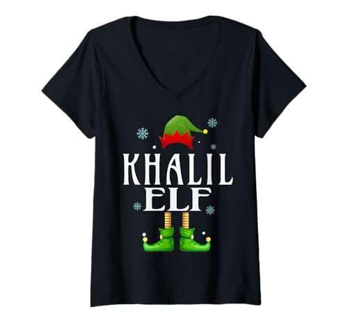 Damen Khalil Elf Xmas Lustig Herren Familie Passende Weihnachten Khalil T-Shirt mit V-Ausschnitt von Family Holiday Matching Christmas Elf Gifts.