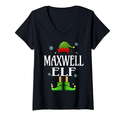 Damen Maxwell Elf Xmas Lustig Herren Familie Passende Weihnachten T-Shirt mit V-Ausschnitt von Family Holiday Matching Christmas Elf Gifts.