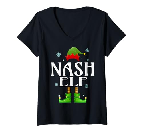 Damen NASH Elf Xmas Lustig Herren Familie Passende Weihnachten NASH T-Shirt mit V-Ausschnitt von Family Holiday Matching Christmas Elf Gifts.