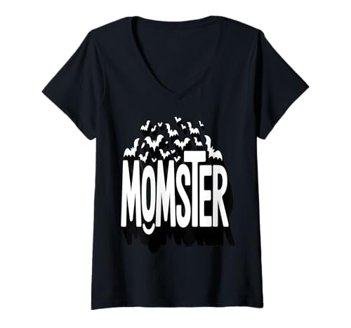 Damen Lustige Momster Halloween Fledermäuse Gruselige Mama T-Shirt mit V-Ausschnitt von Family Humor Apparel