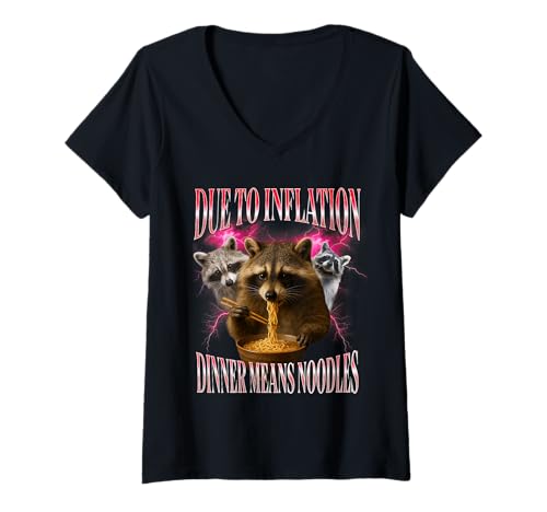 Damen Aufgrund der Inflation lustige sarkastische Inflation Waschbär Nudeln T-Shirt mit V-Ausschnitt Damen Aufgrund der Inflation lustige sarkastische Inflation Waschbär Nudeln T-Shirt mit V-Ausschnitt von Family Inflation Parody