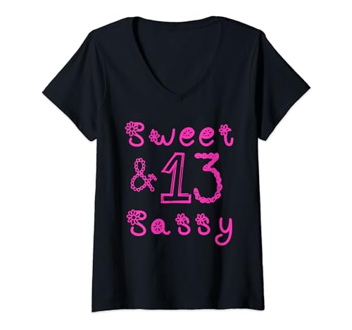 Damen Sweet Sassy & 13. Geburtstag Rosa Konfetti Mädchen Party T-Shirt mit V-Ausschnitt von Family Look Pink Confetti Sweet Decorations Gifts