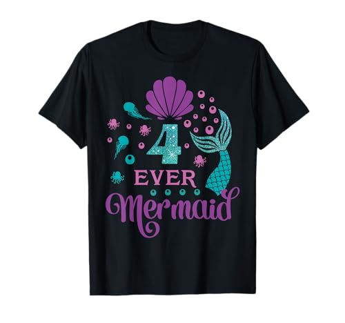4. Geburtstag Meerjungfrau Schwanz Sirena 4 Jahre Mädchen unter Meer Party T-Shirt 4. Geburtstag Meerjungfrau Schwanz Sirena 4 Jahre Mädchen unter Meer Party T-Shirt von Family Look Purple Blue Mermaid Decorations Gifts
