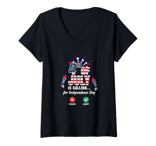 Damen 4th Of July Is Calling For Independence Day Funny Patriotic T-Shirt mit V-Ausschnitt von Family Lover 4th Of July Costume