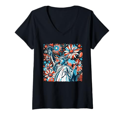 Damen Statue Proud Liberty 4th Of July Flowers Matching Patriotic T-Shirt mit V-Ausschnitt von Family Lover 4th Of July Costume