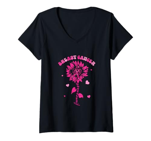 Damen Breast Cancer Awareness Leopard Ribbon Pink Color Sunflower T-Shirt mit V-Ausschnitt Damen Breast Cancer Awareness Leopard Ribbon Pink Color Sunflower T-Shirt mit V-Ausschnitt von Family Lover Breast Cancer Costume
