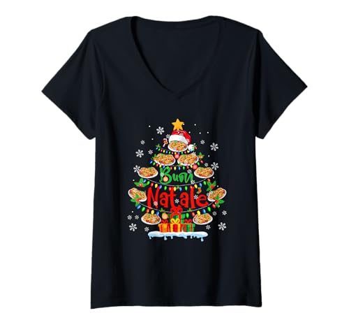 Damen Buon Natale Xmas Tree Santa Spaghetti Italian Food Lover T-Shirt mit V-Ausschnitt Damen Buon Natale Xmas Tree Santa Spaghetti Italian Food Lover T-Shirt mit V-Ausschnitt von Family Lover Christmas Costume