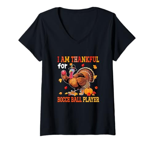 Damen Thankful for Bocce Ball Player Thanksgiving Turkey Autumn T-Shirt mit V-Ausschnitt Damen Thankful for Bocce Ball Player Thanksgiving Turkey Autumn T-Shirt mit V-Ausschnitt von Family Lover Christmas Costume