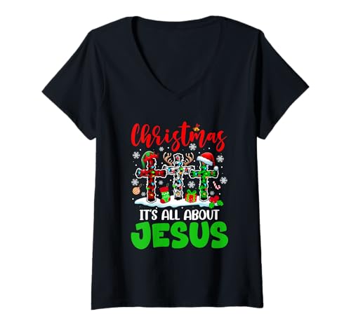 Damen Xmas Funny All About Jesus Cute Santa Elf Christian Cross T-Shirt mit V-Ausschnitt Damen Xmas Funny All About Jesus Cute Santa Elf Christian Cross T-Shirt mit V-Ausschnitt von Family Lover Christmas Costume