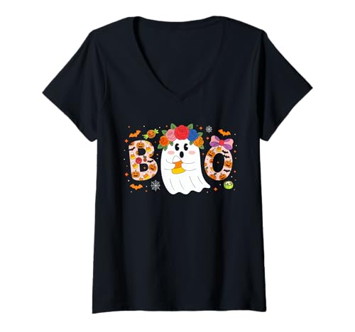 Damen Boo Colorful Flowers Boo Ghosts Halloween Carved Pumpkins T-Shirt mit V-Ausschnitt Damen Boo Colorful Flowers Boo Ghosts Halloween Carved Pumpkins T-Shirt mit V-Ausschnitt von Family Lover Halloween Costume