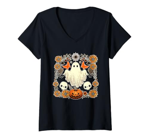 Damen Boo Ghost Halloween Leopard Sonnenblumen Geschnitzte Kürbisschädel T-Shirt mit V-Ausschnitt Damen Boo Ghost Halloween Leopard Sonnenblumen Geschnitzte Kürbisschädel T-Shirt mit V-Ausschnitt von Family Lover Halloween Costume