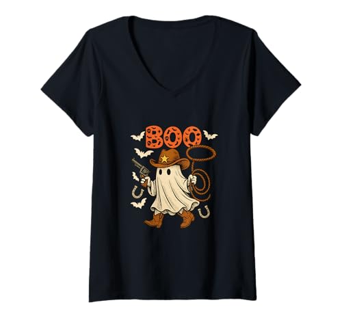 Damen Boo Halloween Boo Ghost Costume Western Lover Family T-Shirt mit V-Ausschnitt Damen Boo Halloween Boo Ghost Costume Western Lover Family T-Shirt mit V-Ausschnitt von Family Lover Halloween Costume