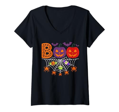 Damen Boo Halloween Colorful Carved Pumpkins Spiders Costume Party T-Shirt mit V-Ausschnitt Damen Boo Halloween Colorful Carved Pumpkins Spiders Costume Party T-Shirt mit V-Ausschnitt von Family Lover Halloween Costume
