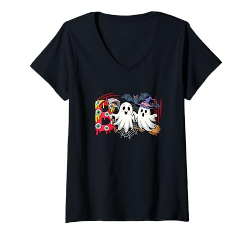 Damen Boo Halloween Fledermäuse Zwei süße Boo Geister Cosplay Hexenliebhaber T-Shirt mit V-Ausschnitt Damen Boo Halloween Fledermäuse Zwei süße Boo Geister Cosplay Hexenliebhaber T-Shirt mit V-Ausschnitt von Family Lover Halloween Costume
