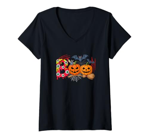 Damen Boo Halloween-Kostüm Fledermäuse Zwei Horror Geschnitzte Kürbisse T-Shirt mit V-Ausschnitt Damen Boo Halloween-Kostüm Fledermäuse Zwei Horror Geschnitzte Kürbisse T-Shirt mit V-Ausschnitt von Family Lover Halloween Costume