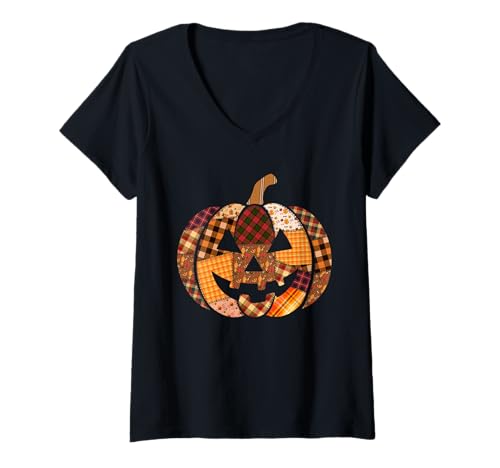 Damen Colorful Floral Horror Carved Pumpkin Costume Halloween T-Shirt mit V-Ausschnitt von Family Lover Halloween Costume
