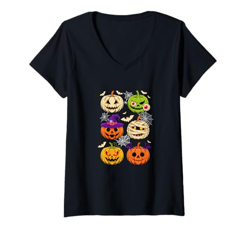 Damen Halloween Collection Horror Carved Pumpkins As Witch Mummy T-Shirt mit V-Ausschnitt von Family Lover Halloween Costume