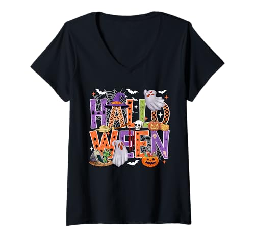 Damen Halloween Leopard Horror Costume Witch Boo Carved Pumpkins T-Shirt mit V-Ausschnitt von Family Lover Halloween Costume