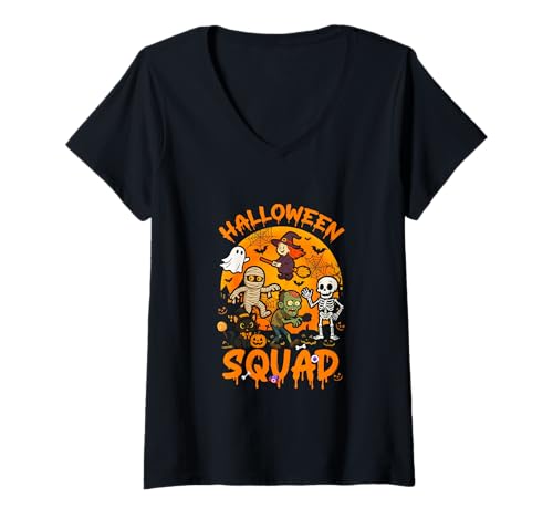 Damen Halloween Squad Horror Group Witch Mummy Zombie Skeleton T-Shirt mit V-Ausschnitt Damen Halloween Squad Horror Group Witch Mummy Zombie Skeleton T-Shirt mit V-Ausschnitt von Family Lover Halloween Costume