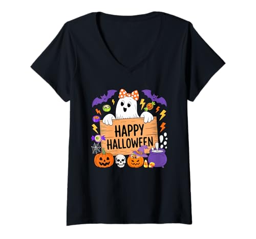 Damen Happy Halloween Cute Boo Ghost Bow Tie Matching Couple T-Shirt mit V-Ausschnitt von Family Lover Halloween Costume