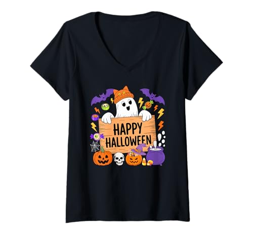 Damen Happy Halloween Funny Boo Ghost Matching Couple Family T-Shirt mit V-Ausschnitt von Family Lover Halloween Costume
