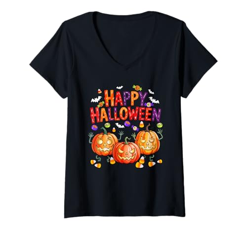 Damen Happy Halloween Three Carved Pumpkins Colorful Candy Corns T-Shirt mit V-Ausschnitt Damen Happy Halloween Three Carved Pumpkins Colorful Candy Corns T-Shirt mit V-Ausschnitt von Family Lover Halloween Costume