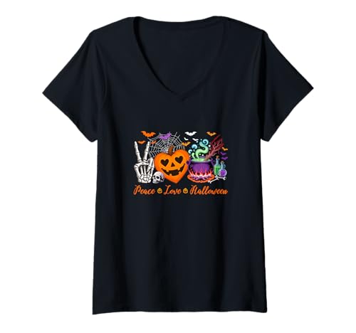 Damen Peace Love Halloween Skeleton Hand Horror Heart Shape T-Shirt mit V-Ausschnitt Damen Peace Love Halloween Skeleton Hand Horror Heart Shape T-Shirt mit V-Ausschnitt von Family Lover Halloween Costume