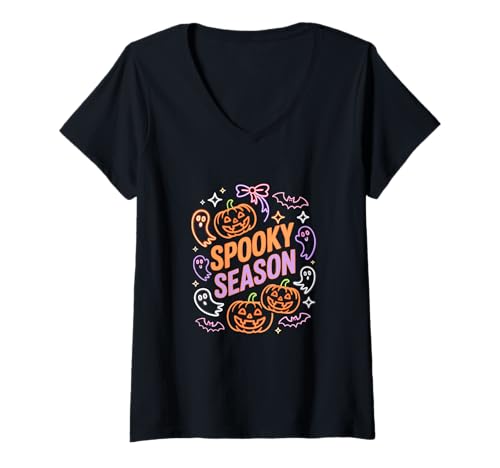 Damen Spooky Horror Season Halloween Colorful Pumpkins Boo Ghosts T-Shirt mit V-Ausschnitt von Family Lover Halloween Costume
