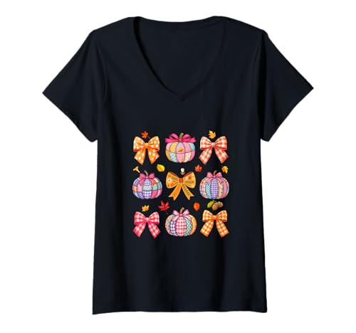 Damen Thanksgiving Colorful Collection Fall Leaves Pumpkin Bow Tie T-Shirt mit V-Ausschnitt Damen Thanksgiving Colorful Collection Fall Leaves Pumpkin Bow Tie T-Shirt mit V-Ausschnitt von Family Lover Halloween Costume