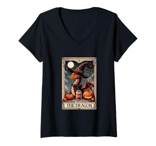 Damen The Dragon Halloween Witch Cute Tarot Card Lover Player T-Shirt mit V-Ausschnitt Damen The Dragon Halloween Witch Cute Tarot Card Lover Player T-Shirt mit V-Ausschnitt von Family Lover Halloween Costume