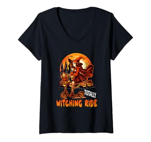 Damen Totally Witching Ride Cute Witch Riding Scooter Halloween T-Shirt mit V-Ausschnitt von Family Lover Halloween Costume