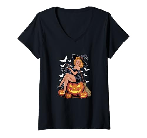 Damen Witch On Horror Carved Pumpkins with Cat Halloween Women T-Shirt mit V-Ausschnitt Damen Witch On Horror Carved Pumpkins with Cat Halloween Women T-Shirt mit V-Ausschnitt von Family Lover Halloween Costume