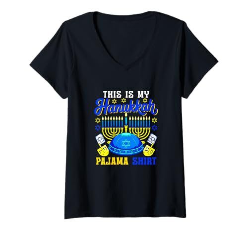 Damen My Hanukkah Pajama Shirt Menorah Jewish Hat Dreidels Lover T-Shirt mit V-Ausschnitt Damen My Hanukkah Pajama Shirt Menorah Jewish Hat Dreidels Lover T-Shirt mit V-Ausschnitt von Family Lover Hanukkah Costume