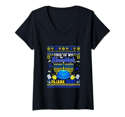Damen My Hanukkah Pajama Shirt Sweater Menorah Jewish Hat Dreidels T-Shirt mit V-Ausschnitt Damen My Hanukkah Pajama Shirt Sweater Menorah Jewish Hat Dreidels T-Shirt mit V-Ausschnitt von Family Lover Hanukkah Costume