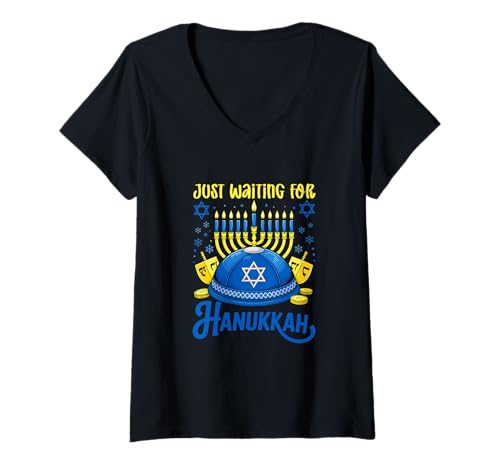 Damen Waiting for Hanukkah Jewish Hat Menorah Matching Family T-Shirt mit V-Ausschnitt Damen Waiting for Hanukkah Jewish Hat Menorah Matching Family T-Shirt mit V-Ausschnitt von Family Lover Hanukkah Costume
