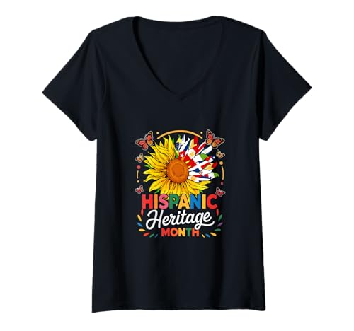 Damen Hispanic Heritage Month Butterflies Sunflower Country Flags T-Shirt mit V-Ausschnitt Damen Hispanic Heritage Month Butterflies Sunflower Country Flags T-Shirt mit V-Ausschnitt von Family Lover Hispanic Heritage Costume