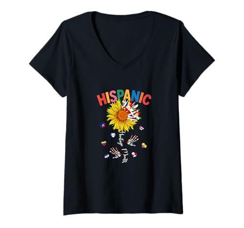Damen Hispanic Heritage Month Sunflower Country Flags Hand Shape T-Shirt mit V-Ausschnitt von Family Lover Hispanic Heritage Costume