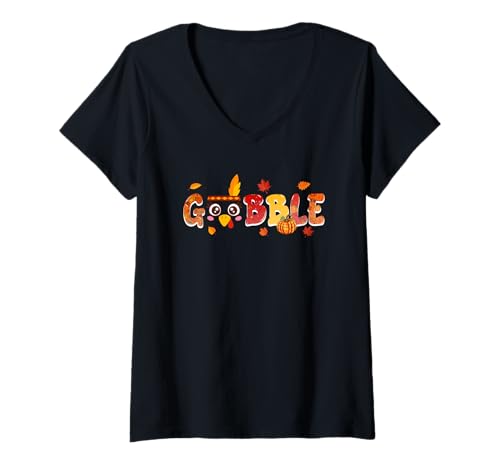 Damen Gobble Thanksgiving Cute Turkey Face Fall Leaves Pumpkins T-Shirt mit V-Ausschnitt Damen Gobble Thanksgiving Cute Turkey Face Fall Leaves Pumpkins T-Shirt mit V-Ausschnitt von Family Lover Thanksgiving Costume