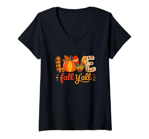 Damen Love Fall Y'all Thanksgiving Pumpkin Colorful Fall Leaves T-Shirt mit V-Ausschnitt Damen Love Fall Y'all Thanksgiving Pumpkin Colorful Fall Leaves T-Shirt mit V-Ausschnitt von Family Lover Thanksgiving Costume
