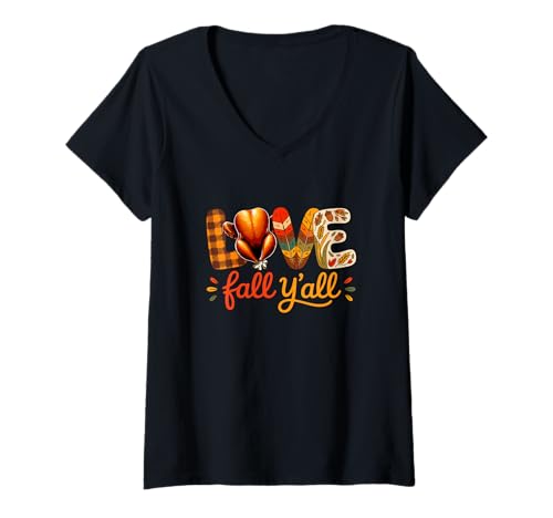 Damen Love Fall Y'all Thanksgiving Roasted Turkey Colorful Leaves T-Shirt mit V-Ausschnitt Damen Love Fall Y'all Thanksgiving Roasted Turkey Colorful Leaves T-Shirt mit V-Ausschnitt von Family Lover Thanksgiving Costume