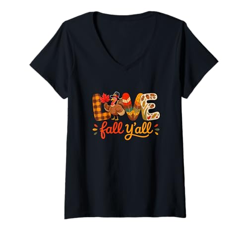 Damen Love Fall Y'all Thanksgiving Turkey Pilgrim Colorful Leaves T-Shirt mit V-Ausschnitt Damen Love Fall Y'all Thanksgiving Turkey Pilgrim Colorful Leaves T-Shirt mit V-Ausschnitt von Family Lover Thanksgiving Costume