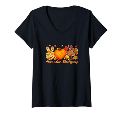 Damen Peace Love Thanksgiving Heart Shape Fall Pumpkins Turkey T-Shirt mit V-Ausschnitt Damen Peace Love Thanksgiving Heart Shape Fall Pumpkins Turkey T-Shirt mit V-Ausschnitt von Family Lover Thanksgiving Costume