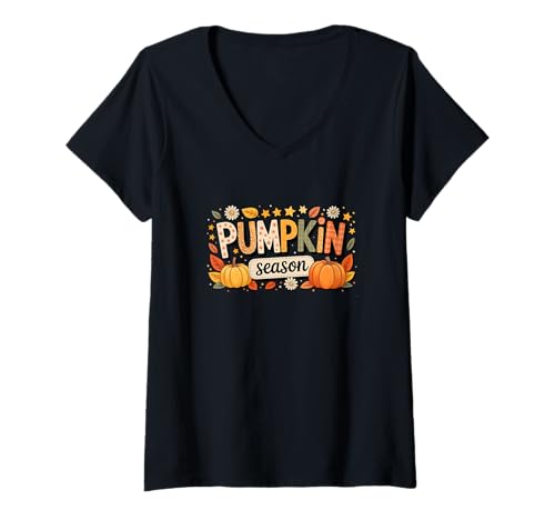 Damen Pumpkin Thanksgiving Season Colorful Fall Leaves Flowers T-Shirt mit V-Ausschnitt Damen Pumpkin Thanksgiving Season Colorful Fall Leaves Flowers T-Shirt mit V-Ausschnitt von Family Lover Thanksgiving Costume
