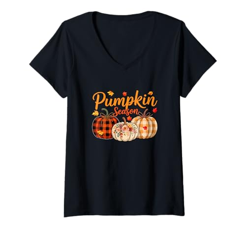 Damen Pumpkin Thanksgiving Season Costume Fall Floral Pumpkins T-Shirt mit V-Ausschnitt Damen Pumpkin Thanksgiving Season Costume Fall Floral Pumpkins T-Shirt mit V-Ausschnitt von Family Lover Thanksgiving Costume