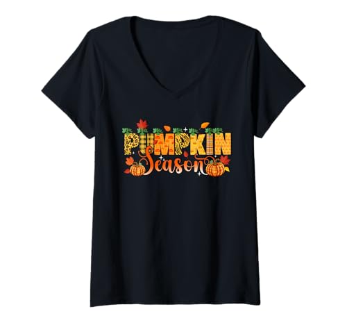 Damen Pumpkin Thanksgiving Season Costume Leopard Fall Leaves T-Shirt mit V-Ausschnitt Damen Pumpkin Thanksgiving Season Costume Leopard Fall Leaves T-Shirt mit V-Ausschnitt von Family Lover Thanksgiving Costume